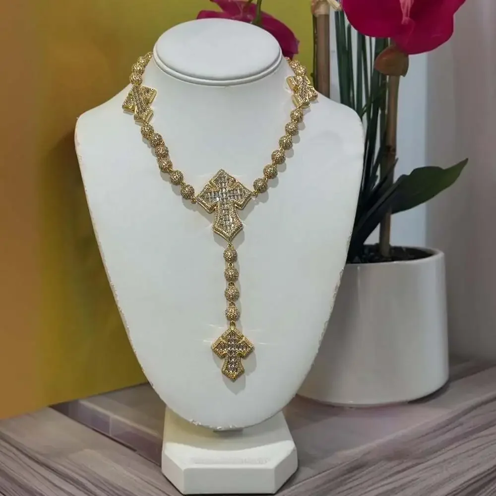 Gold Iced Cross Rosary Necklace 7970